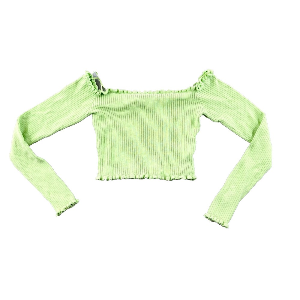 FB Sister Knitwear Lime Green Ribbed Off the Shoulder Crop Top Medium Long sleev